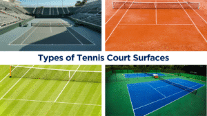 Different types of tennis court surfaces including hard, clay, grass, and synthetic acrylic courts.
